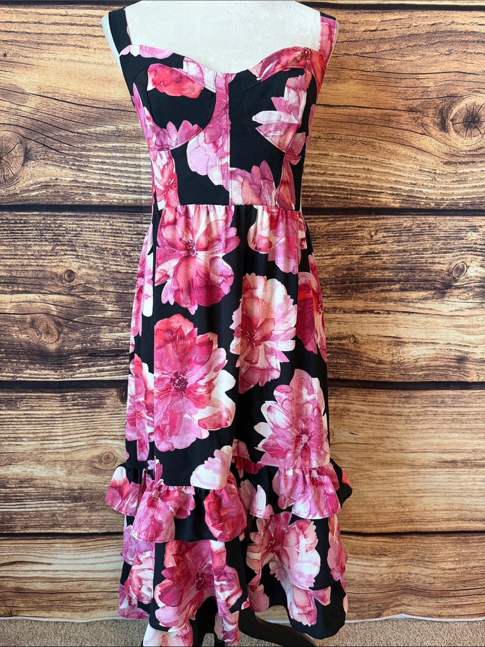 sofia by sofia vergara Black Midi Dress with Pink Floral Print and Ruffle Hem